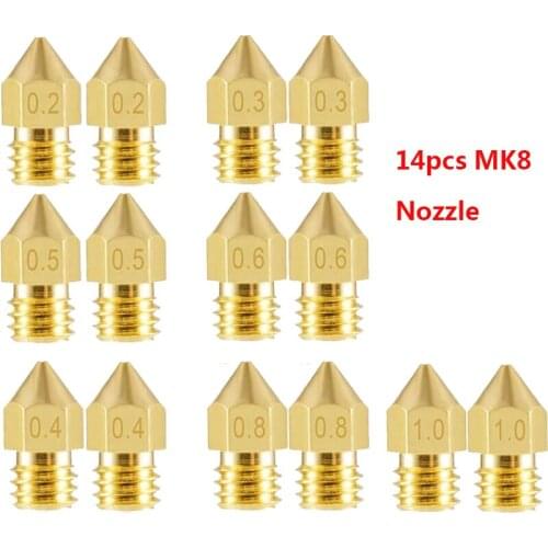 14PCS MK8 Nozzle 0.2mm 0.3mm 0.4mm 0.5mm 0.6mm 0.8mm 1.0mm 1.75mm 3D Printer Extruder Kit for Makerbot Creality CR10 Ender 3 5