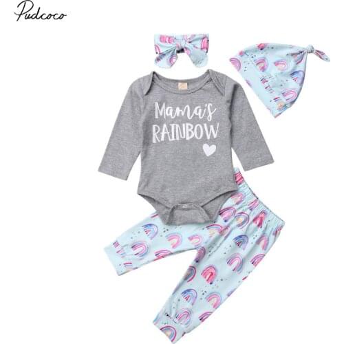 Newborn Baby Girl Clothes Set Letters Romper Tops+leggings 4pcs Rainbow Pants Trousers Outfits 0-18 Months