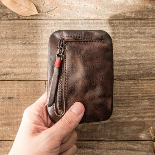 Leather Coin Purse Mens Small Wallet Driving License Card Bag Womens Casual Ultra-thin Zipper Pouch Retro First Layer Leather