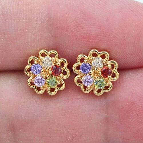 Fashion Jewelry Gold Color Rainbow Zircon Colorful CZ Cute Flower Stud Earrings for Women