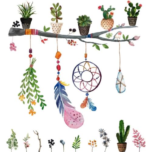 Cartoon Dreamcatcher Feather Flower Pot Wall Stickers for Kids room Bedroom Nursery Creative Wall Decals Vinyl Removable Murals