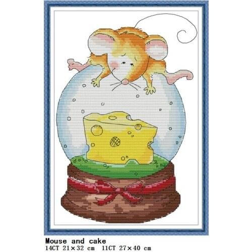 Mouse and Cake Cross Stitch Kit Aida 14CT 11CT Count Canvas Printing DIY Cartoon Animal Pattern Embroidery set Needlework Crafts