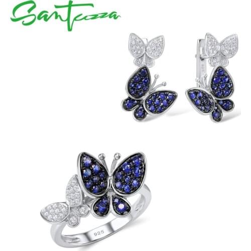 SANTUZZA Jewelry Set For Women Genuine 925 Sterling Silver Gorgeous Blue Butterfly Earrings Ring Set Shiny CZ Fashion Jewelry