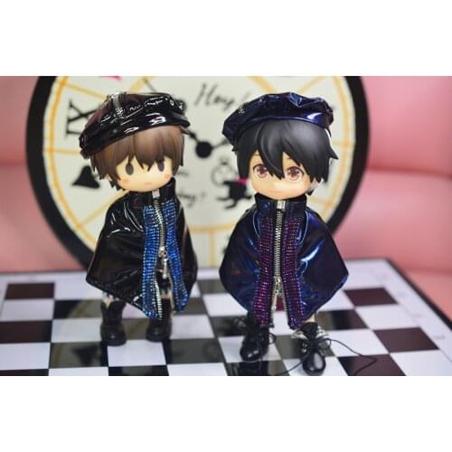 OB11 p9 size doll clothing fashion neutral 2 piece leather suit cape hat + cape 2 color into doll accessories