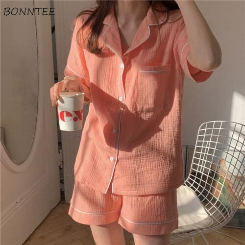 Pajama Sets Women Summer Fashion Thin Soft Simple Various Colors Loose Solid Daily Korean Breathable Button Mujer Popular Cotton