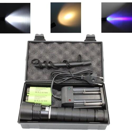 Underwater Flashlight L2/T6/UV LED Diving Flashlight White/Yellow/UV Light Waterproof Hunting Lamp +26650 Battery +Charger +Box