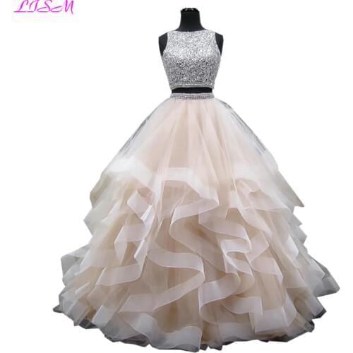 Luxury Crystals Two Pieces Ball Gown Quinceanera Dresses O-Neck Beaded Open Back Pageant Gown Long Tiered Organza Sweet 16 Dress