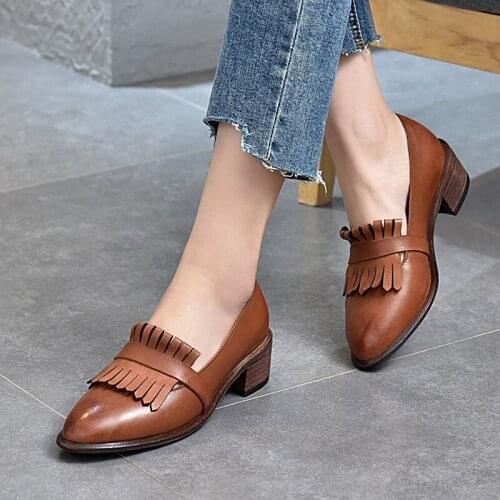 2021 Spring and Autumn Genuine Leather Womens Shoes Tassel Low-top Single Shoes Thick Heel Top Layer Cowhide Pointed Toe Shoes