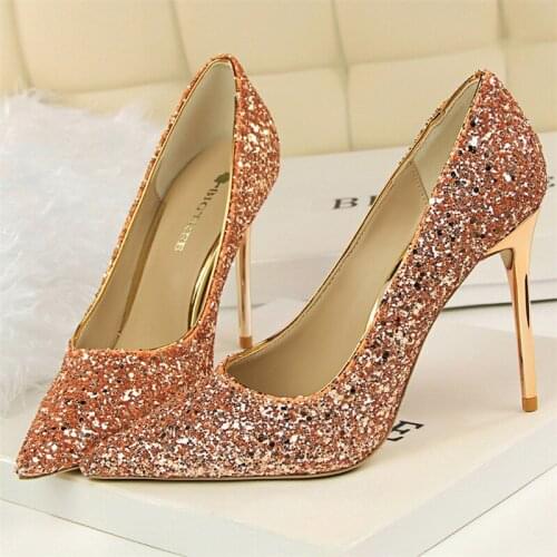 2021 Women 9.5cm Thin High Heels Sexy Glitter Bright Scarpins Pumps Lady Stiletto Wedding Bridal Gold Silver Red Big Size Shoes