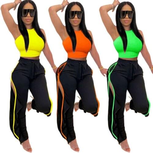 Women 2 Piece Pants Sets 2021 Solid Crop Tank Tops and Side Split Sweatpants Outfits Woman Two Pieces Sets Tracksuits Female