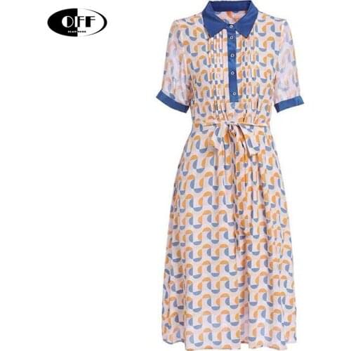 Designer runway midi dresses for women elegant vintage Geometric print elegant short sleeve bow fashion Korean lady dress femme