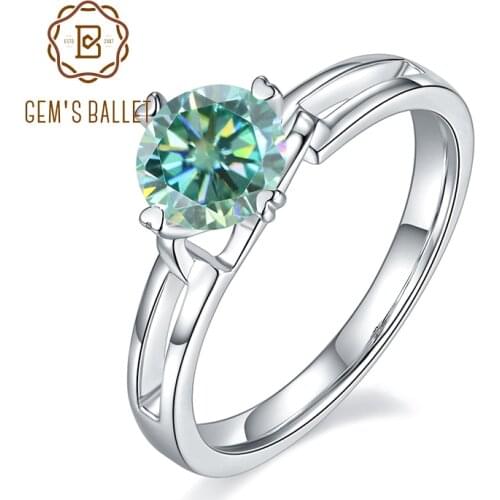 GEMS BALLET Sterling Silver Split Shank Ring 1.0Ct 6.5mm Round Green Moissanite Wedding Engagement Ring For Women Fine Jewelry