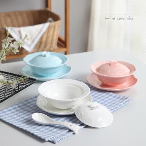 White embossed porcelain small soup bowl with lid and saucer spoon, butterfly chinese kids bowls ceramic, cute ice cream bowl