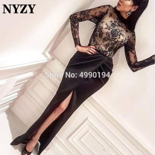 Black Mother Of The Bride Dresses NYZY M179 High Neck Long Sleeve High Slit Formal Dress Robe Soiree Dubai abendkleider