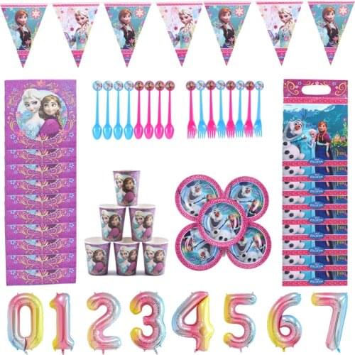 Frozen Anna and Elsa Princess purple Birthday Party kids Disposable cup plate napkin cake flag banner Party Decorations Supplies