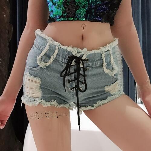 Summer Sexy Women Denim Ripped Shorts Jeans Skinny Front Bandage Lace Up Bandage Mini Shorts Womens Night Club Hotpants