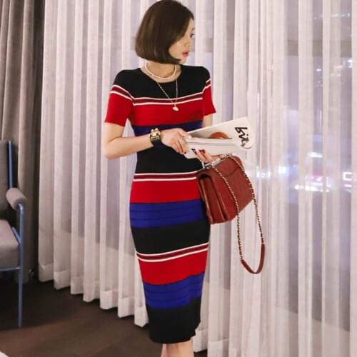 Fashion women comfortable elegant striped basic dress new arrival temperamental work style slim bouncy long pencil dress