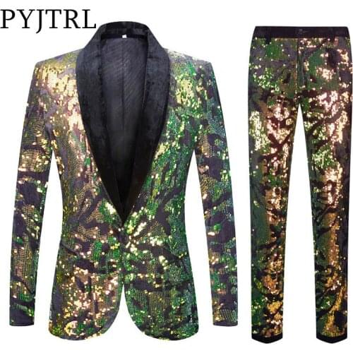 PYJTRL Men Suit Green Colorful Velvet Sequins Blazer Two Pics With Pants Masculino Slim Fit Jacket Stage Singer Shiny Costume