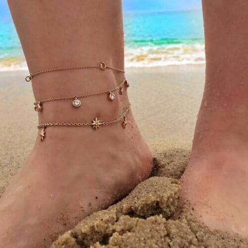 3 Pcs/Set Bohemian Women Beach Star Round Crystal Pendant Multilayer Chain Gold Anklet Set Summer Jewelry Gifts