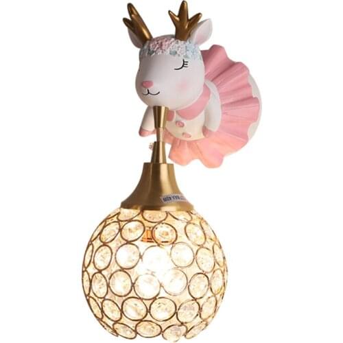 Nordic Resin Animals Wall Lamp Pink Fawn Baby Elephant E27 Crystal Shade Childrens Room Decorated Bedroom Bedside Lamp