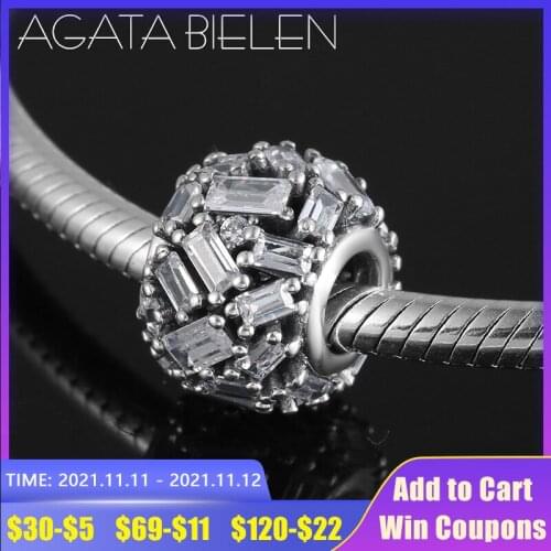 New 925 Sterling Silver Square Clear zircon Charms beads fit Original europeu Women Bracelets Necklaces Jewelry making