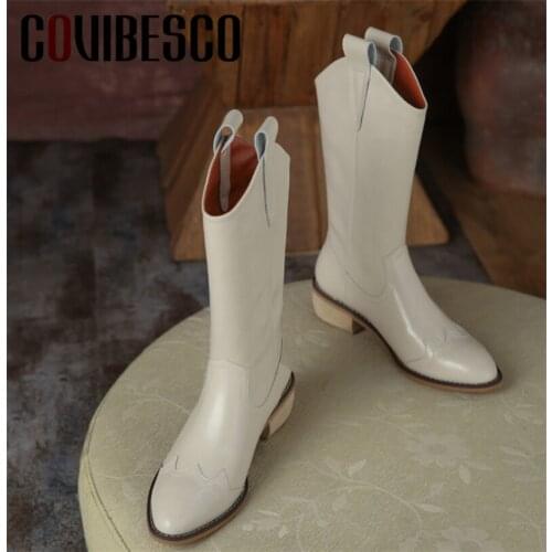 COVIBESCO 2021New Woman Mid-Calf Boots Autumn Winter Warm Slipt Leather Basic Shoes New Classic Design Boots