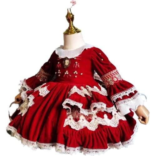 Ins Spanish Girls Red Party Birthday Wedding Dress Toddler Girl Christmas Outfits Flower Girl Dress Kids Dresses for Girls 1-8y