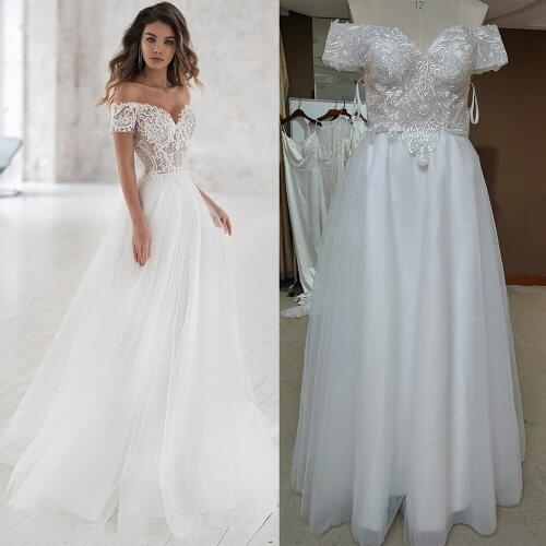 Illusion Off Shoulder Chic Beach Outdoor Wedding Dress Nude Lining A Line Plus Size Bridal Gowns Sweep Train Real Photos