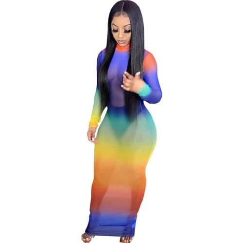 Sheer Mesh Gradient Color Sexy Skinny Maxi Dress Women Trendy Mock Neck Full Sleeve Bandage Dress Summer Body-shaping Vesitdos