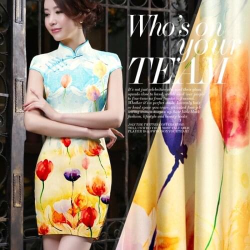 PRINTED SILK STRETCH SATIN 118cm width 19momme Pure Silk Fabric Summer Dress Yellow Color Floral Pattern MOQ 1.1M
