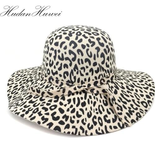 Large Brim Leopard Print Felt Dome Hat Wome Fedora Hats Fascinators Hat for Women Elegant Floppy Cap Sun Protection Chapeau