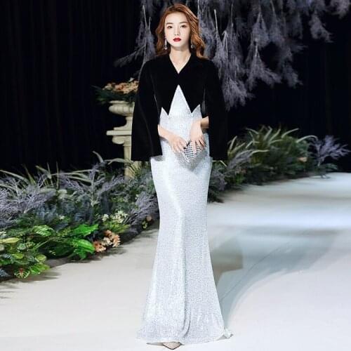 Evening Dress Simple Elegant V-Neck Sequins Empire Short Sleeves Floor-Length Mermaid New Plus size Women Formal Party Gown C873