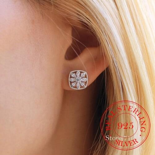 Female Crystal Zircon Stone Square Flower Earrings Fashion 925 Sterling Silver Filled Jewelry Stud Earrings For Women eh1157