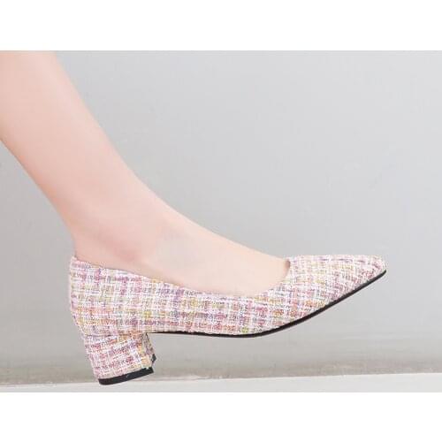 Blue Striped Tweed Fabric Commuter Style Office Womens Shoes Chunky-Heeled British Style Tweed Fabric Pumps Woolen