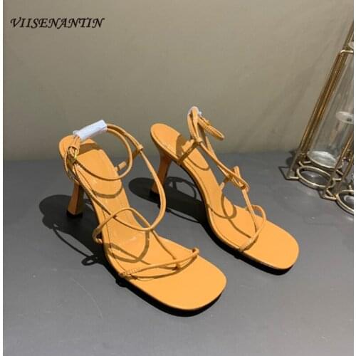 Open toe flip flops strappy sandals women 2021 new stiletto round toe cross Roman word buckle high heels