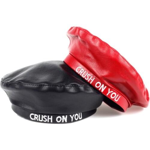 VORON elegant Women Faux Leather Berets CRUSH ON YOU letters printing Autumn Winter Solid Color PU Leather Winter Cap Female
