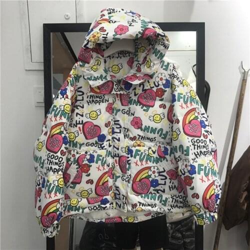 Graffiti Print Down Jackets Women 2021 Winter Jacket Fashion Hooded Short Parkas Korean Loose Thick Warm Cotton Coat Female
