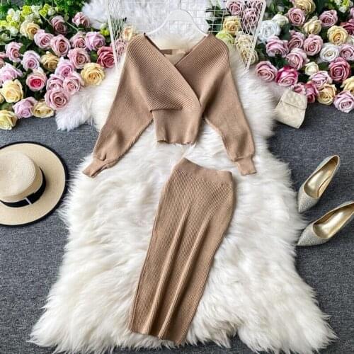 Fashion Knitted 2 Piece Set Women Sexy V-neck Sweater Pullover + Elastic High waist Package hip Midi Skirt 2020 Winter Clothing