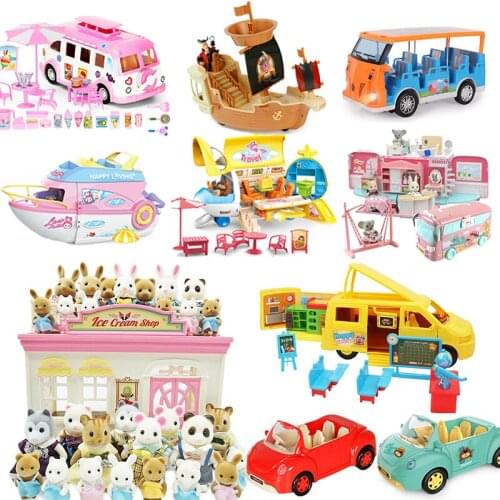 1:12 Forest Animal Family School Bus Picnic Car Set Sightseeing Car Cruise ship Rabbit Bear Panda Girl Pretend Play Set Kid Toy