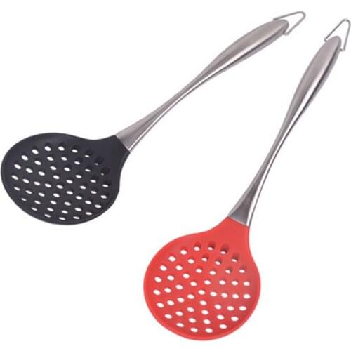 1PC Silicone Large Spoon Slotted Ladle Stainless Steel Hollow Handle Food Grade Kitchenware Silicone Pasta Strainer