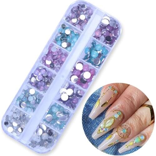 12Grids/Box Japanese Crystal Rhinestone 3/4/5/6mm Non Hot Fix Flatback Round Resin Moca AB Color Nail Art DIY Decorations Tc#075