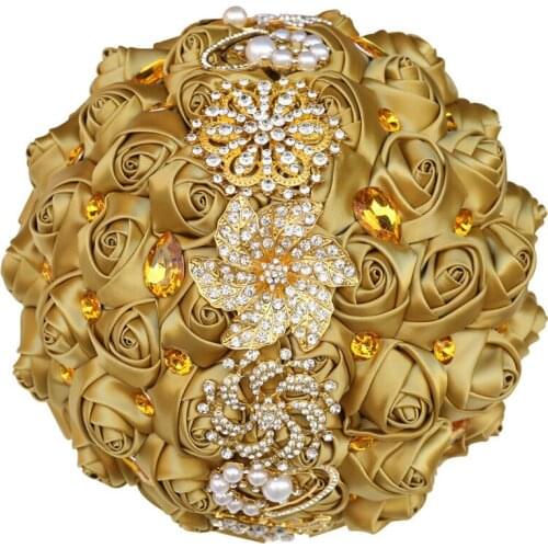 2021 New Light Gold Series Bride and Bridesmaid Rhinestone Bouquets Wedding Accessories Artificial Satin Flowers B08