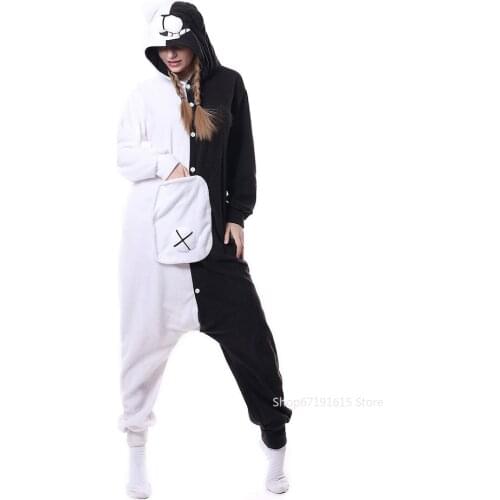 Anime Danganronpa Monokuma Kigurumis Cosplay Pajamas Anime Bear Jumpsuit Black White Animal Pajamas Women Halloween Party Suit