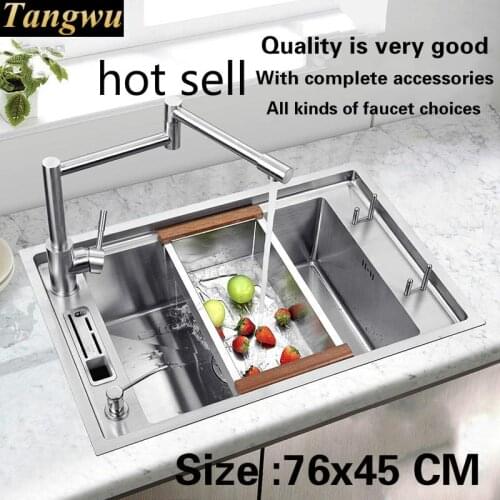 Free shipping Luxury standard kitchen manual sink single trough durable 304 food grade stainless steel hot sell 760x450 MM