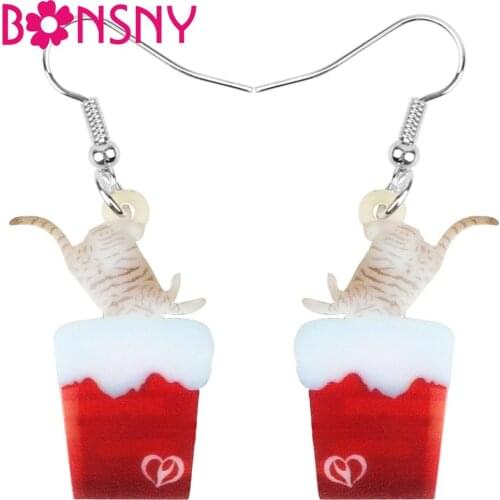 Bonsny Acrylic Christmas Anime Chimney Cat Earrings Drop Dangle Animal Jewelry For Women Girl Teen Kid Gift Decoration Accessory