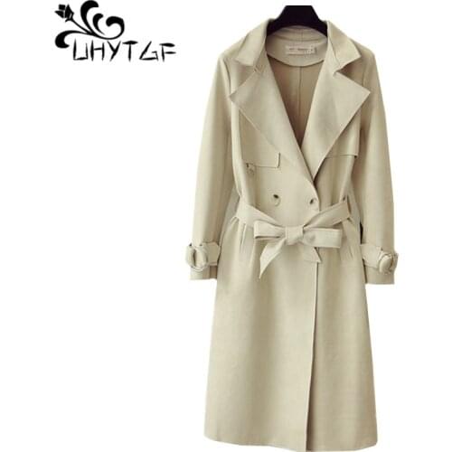 UHYTGF Spring autumn windbreaker high quality deerskin trench coat for women Double-breasted elegant female plus size coats 199