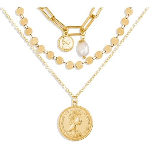 Duobeiduo Trendy Sweater Necklace Chain Creative Retro Human Head Pearl Pendant Multilayer Necklace Clavicle Chain Jewelry Gift