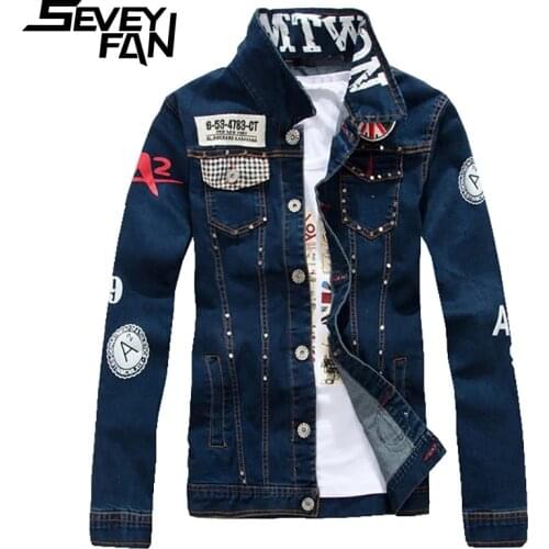 SEVEYFAN Mens Punk Rivets Denim Jackets Fashion Badges Printed Slim fit Jean Coat for Youth