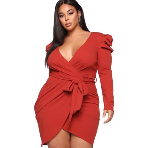 Solid Red Mini Dress Plus Size Long Ruffled Sleeve Low-cut Dress Large Size Womens Clothing