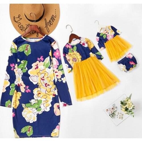 Autumn Mom Daughter Long-Sleeved Floral Print Dress Instagramable Family Clothes Baby Romper Matching For Mother Child